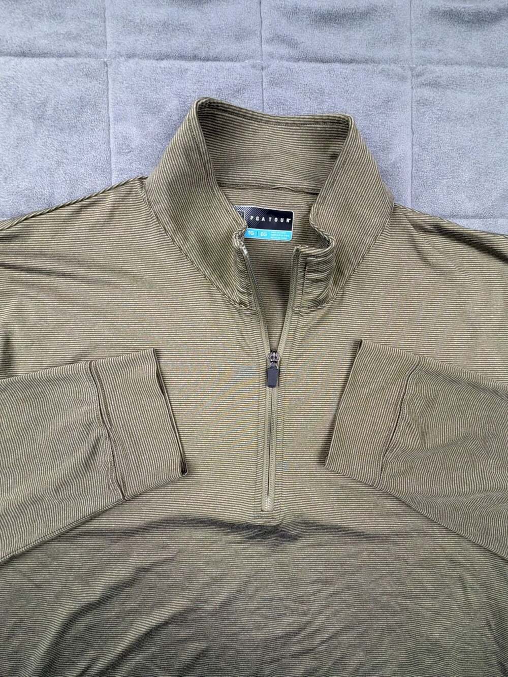 PGA Tour Men's Olive Green Striped Quarter-Zip Performance Pullover XL